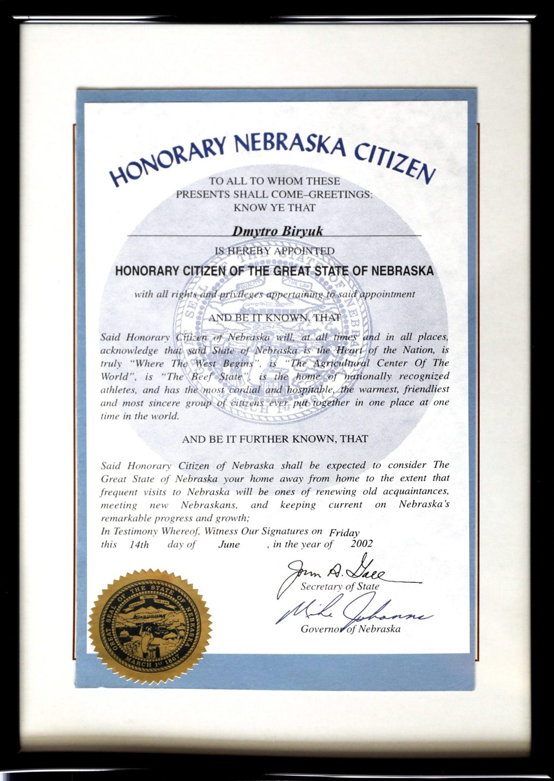Photo of Honorary Nebraska Citizenship Certificate, Lincoln, NE, US