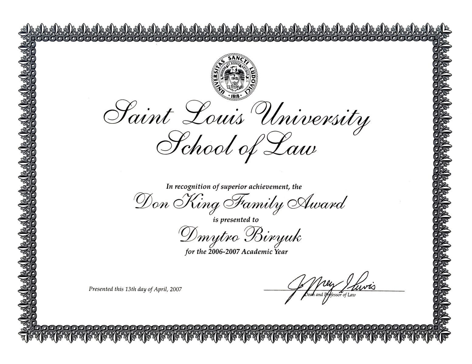 Photo of Academic Award Certificate of the Saint Louis University School of Law, St. Louis, MO, US