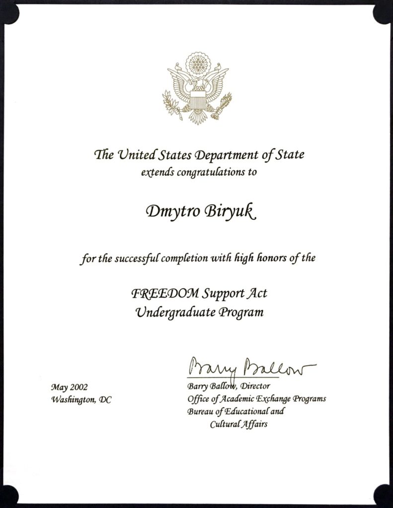 Photo of US Department of State Certificate on Successful Completion of the Freedom Support Act Undergraduate Program