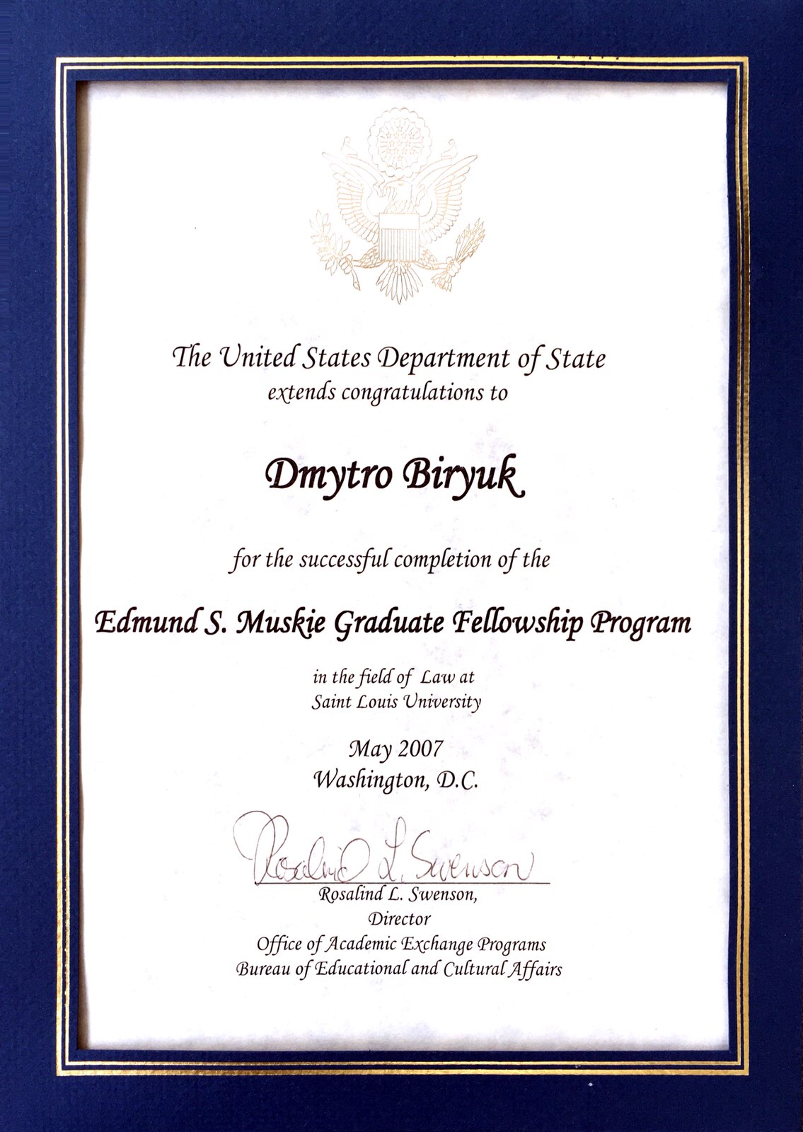 Photo of US Department of State Certificate on Successful Completion of the Edmund S. Muskie Graduate Program (LLM)