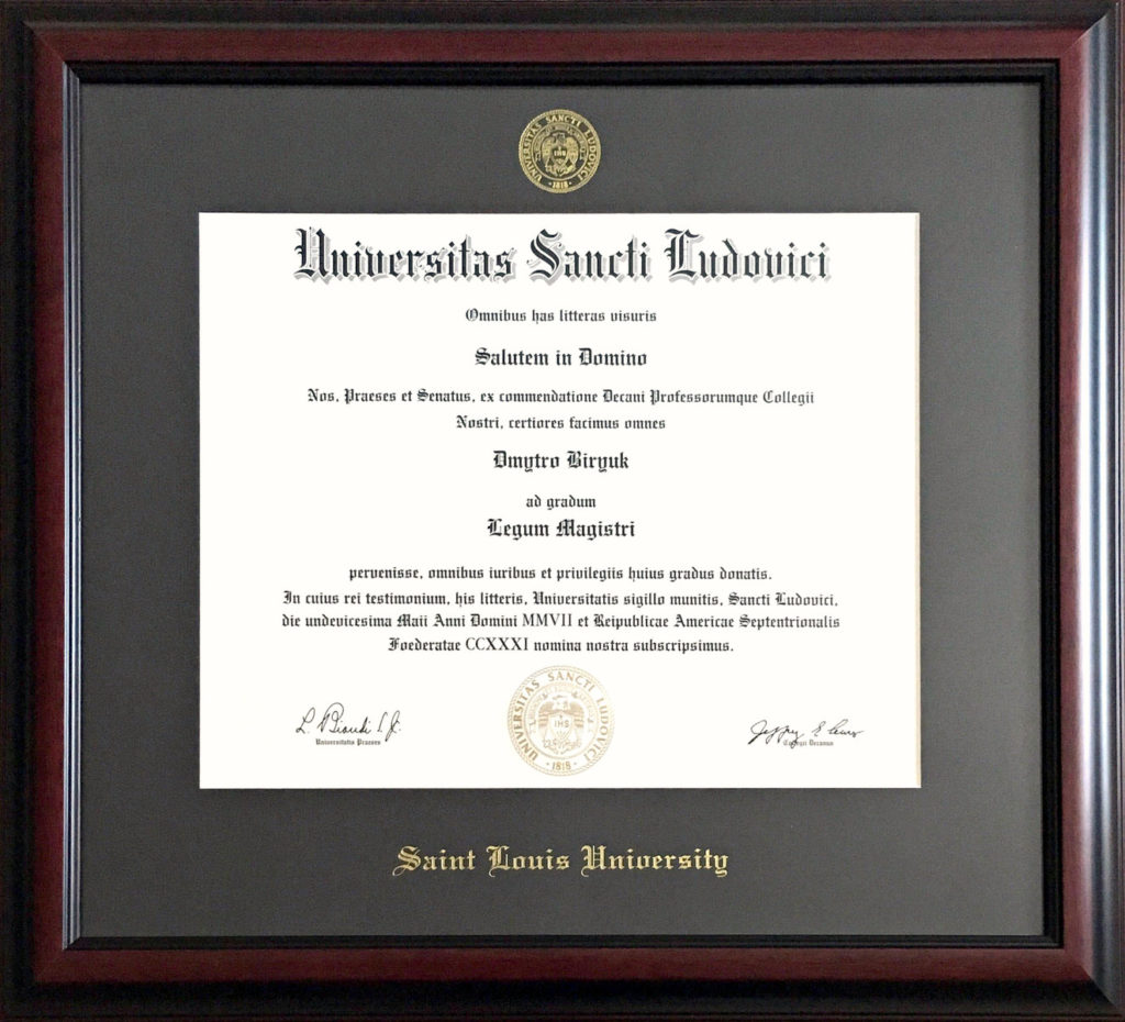 Photo of LLM Degree Diploma of the Saint Louis University School of Law, St. Louis, MO, US