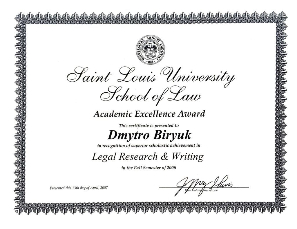 Photo of Legal Research and Writing Award Certificate of the Saint Louis University School of Law, St. Louis, MO, US