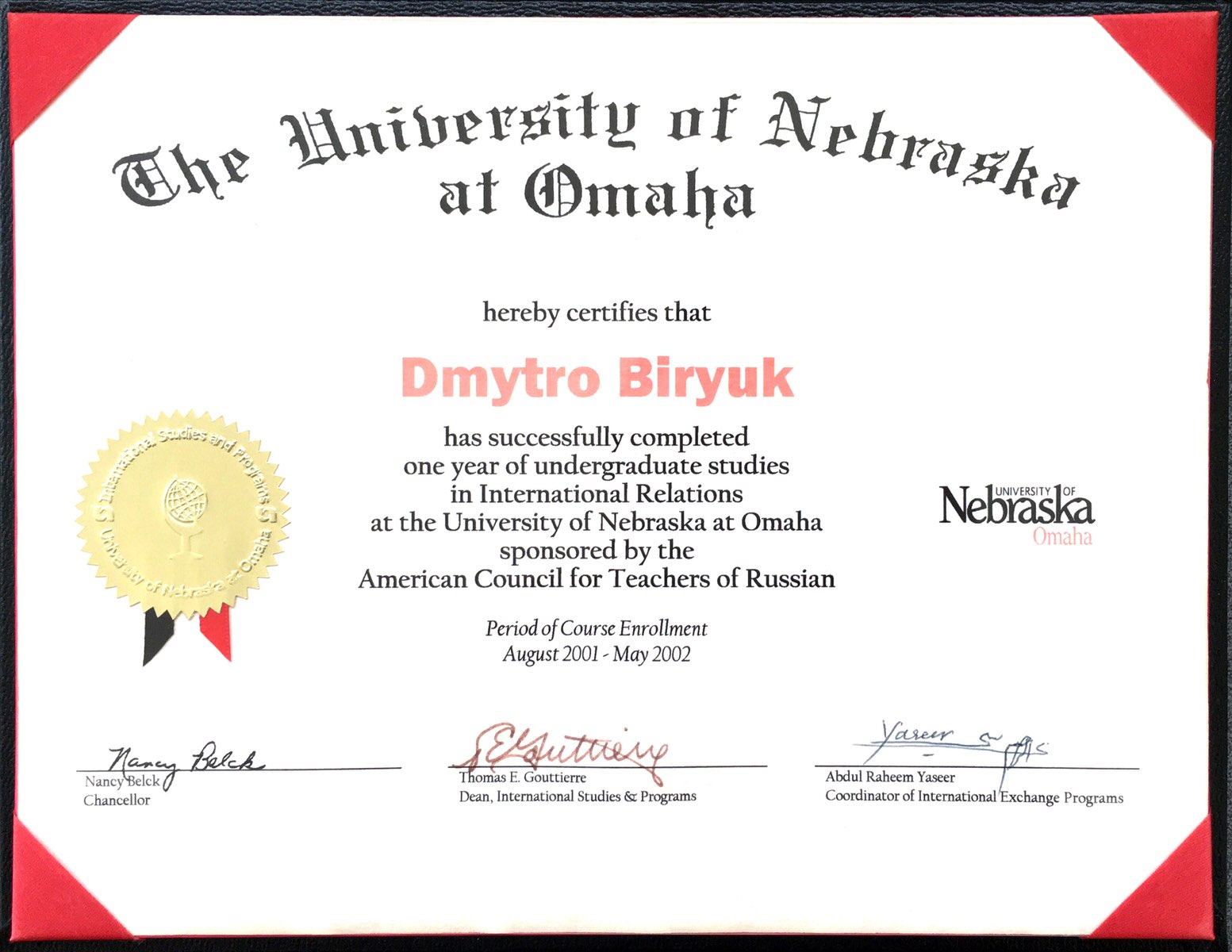 Photo of International Studies Undergraduate Program Diploma of the University of Nebraska at Omaha, NE, US