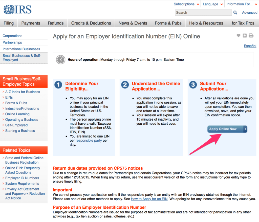 Screenshot of IRS webpage to apply for EIN online 1