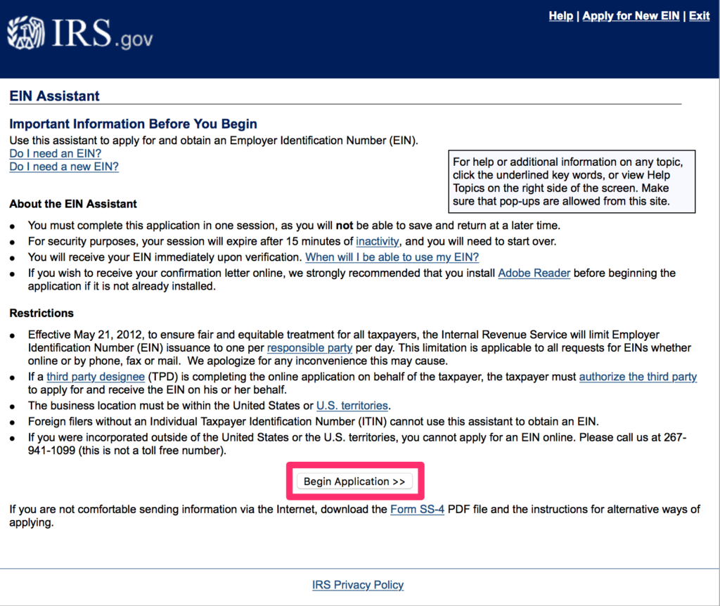 Screenshot of IRS webpage to apply for EIN online 2