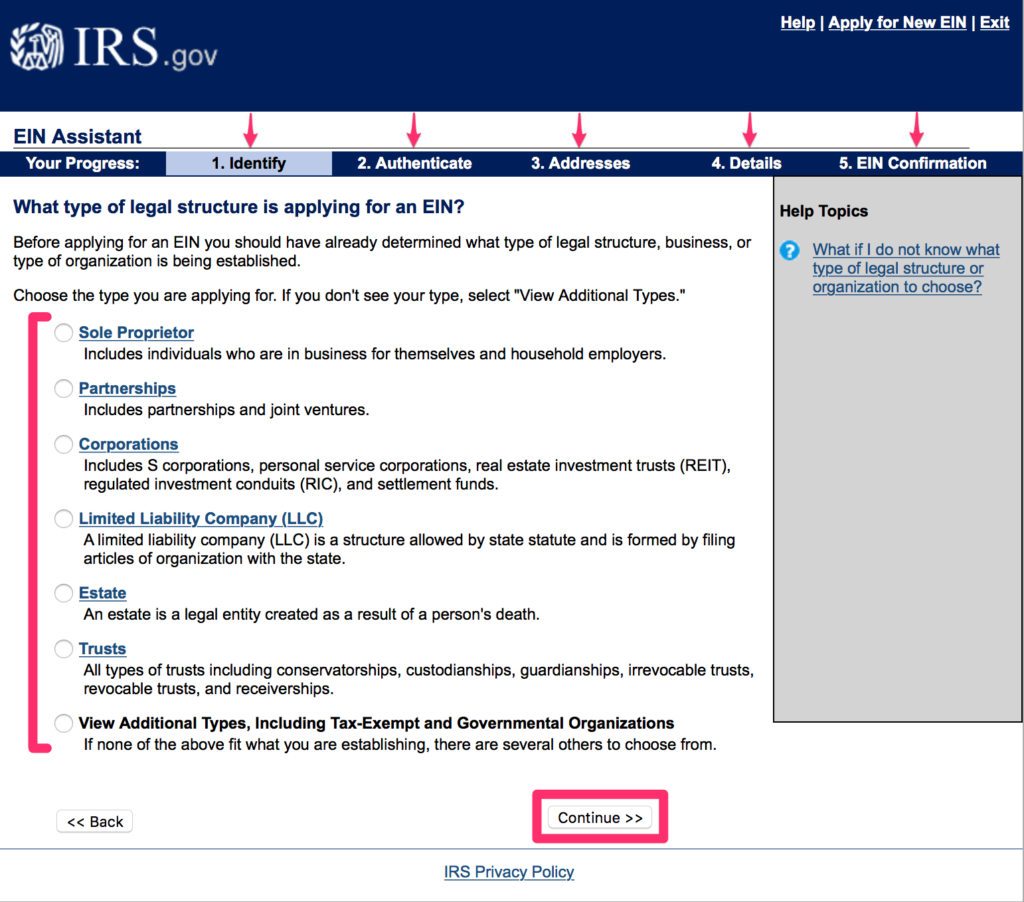 Screenshot of IRS webpage to apply for EIN online 3