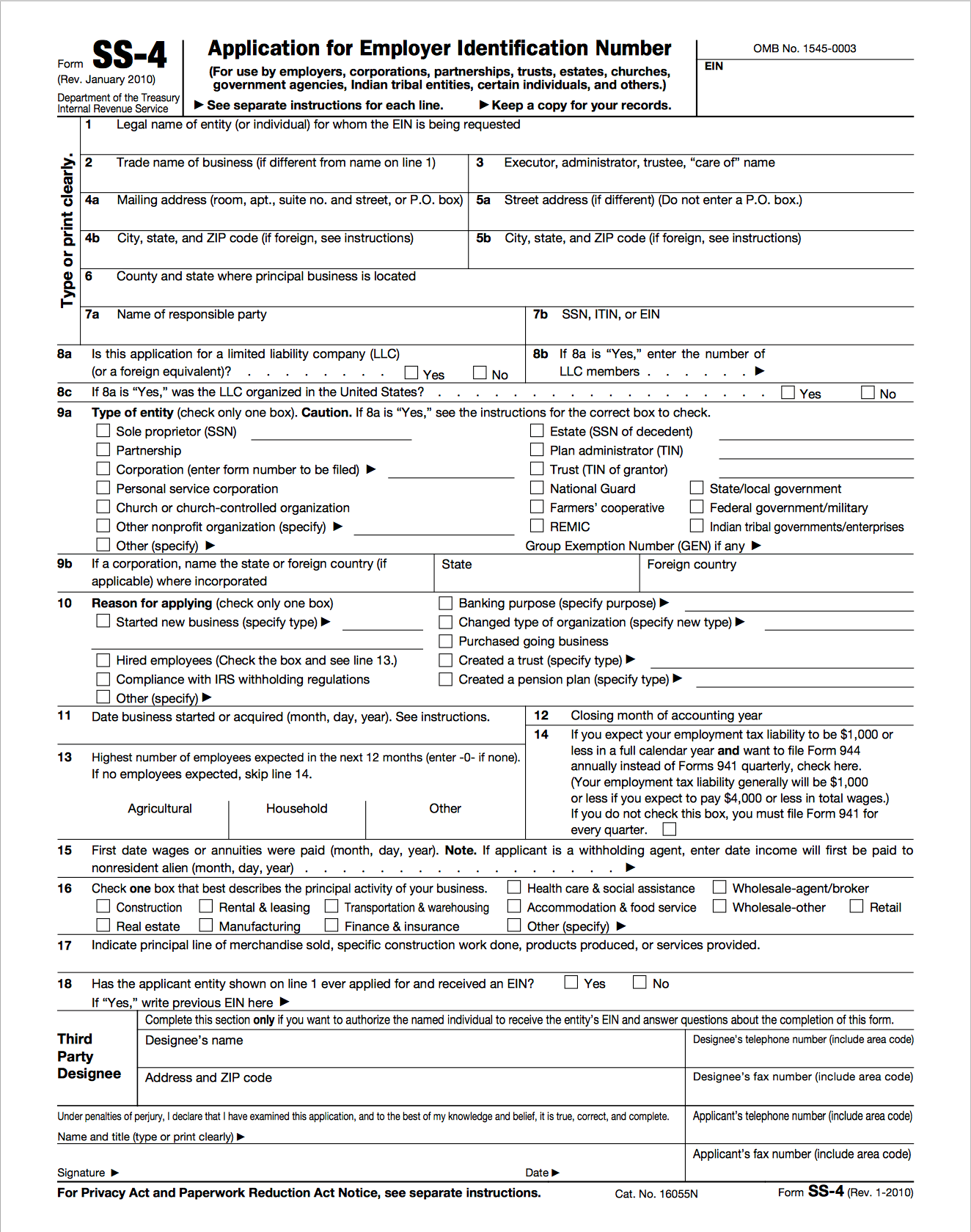 Screenshot of IRS form SS-4 to apply for EIN