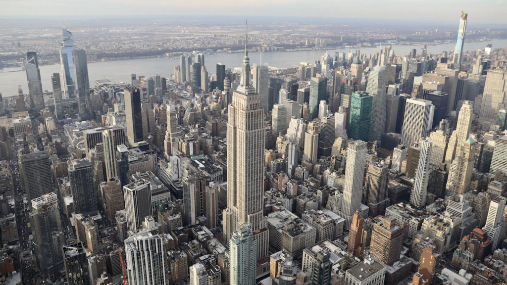 Helicopter photo of Empire State Building in New York City, USA